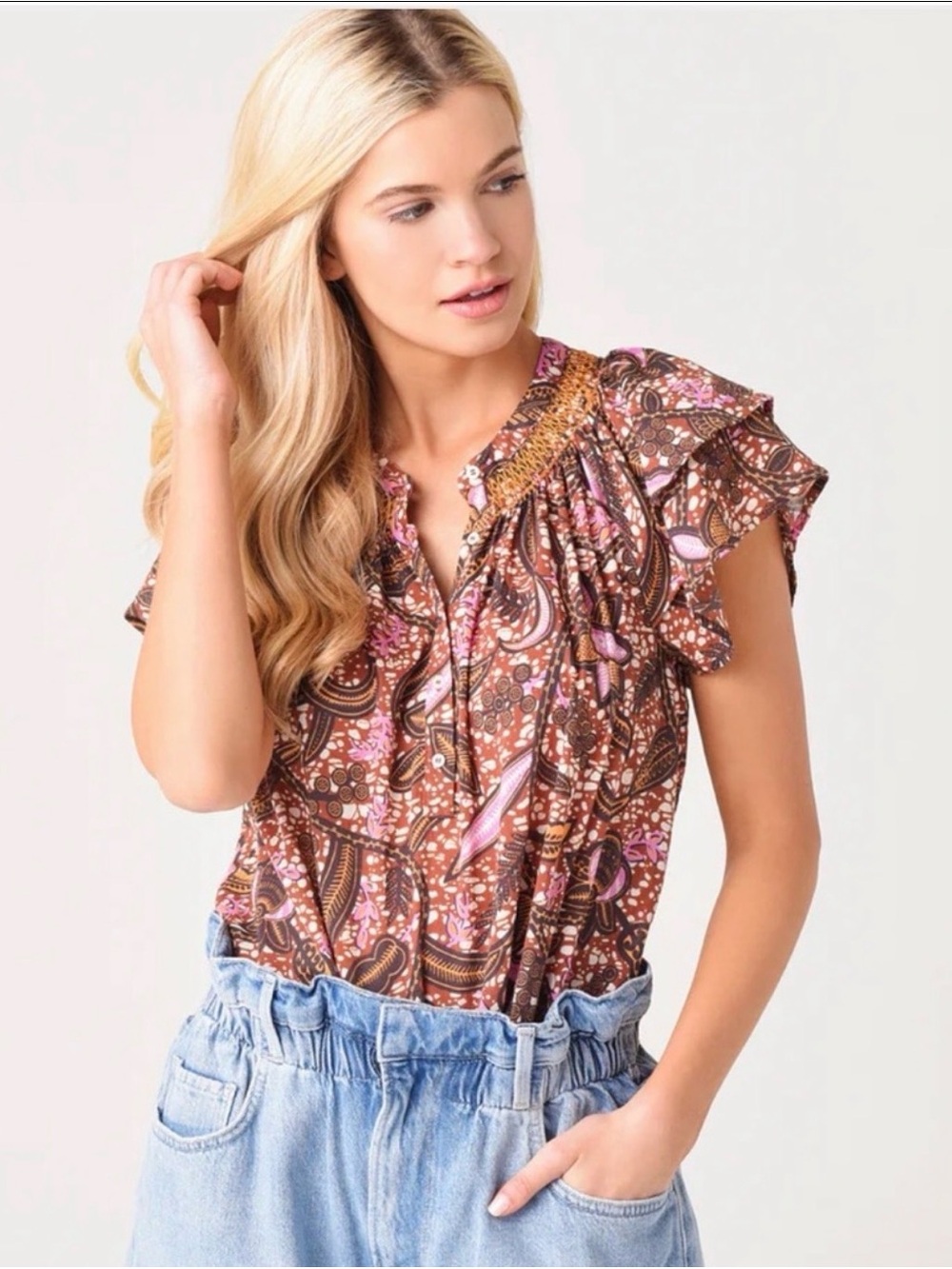 XIRENA Sumer Earth Boho Paisley Ruffle Sleeve Top - Brown/Pink